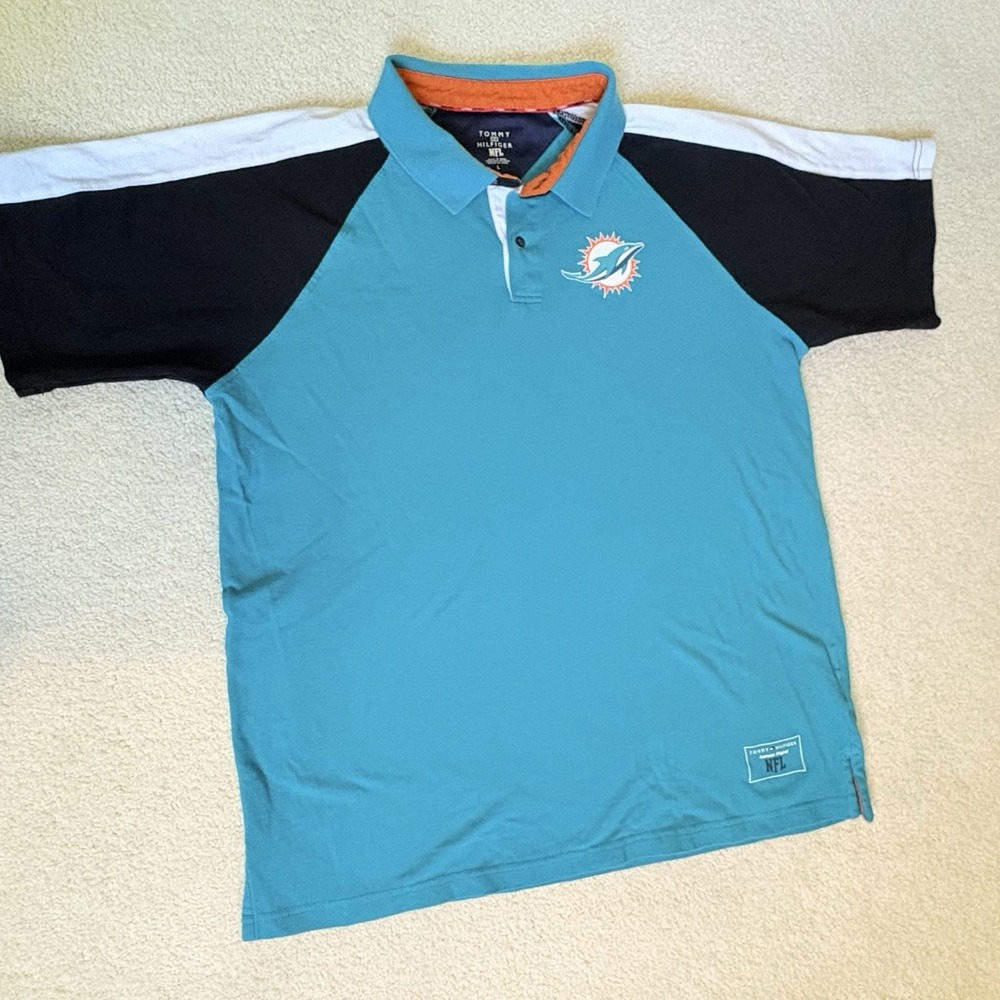 Miami Dolphins Mens L Tommy Hilfiger NFL Rugby Polo Short Sleeve Colorblock